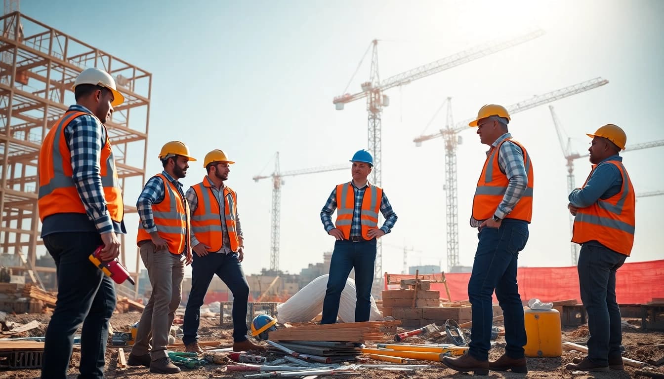 Construction association workers collaborating at a vibrant outdoor building site.