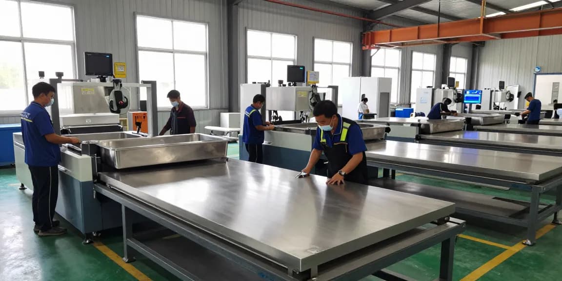 Stainless steel basin factory showcasing production line and skilled workers.