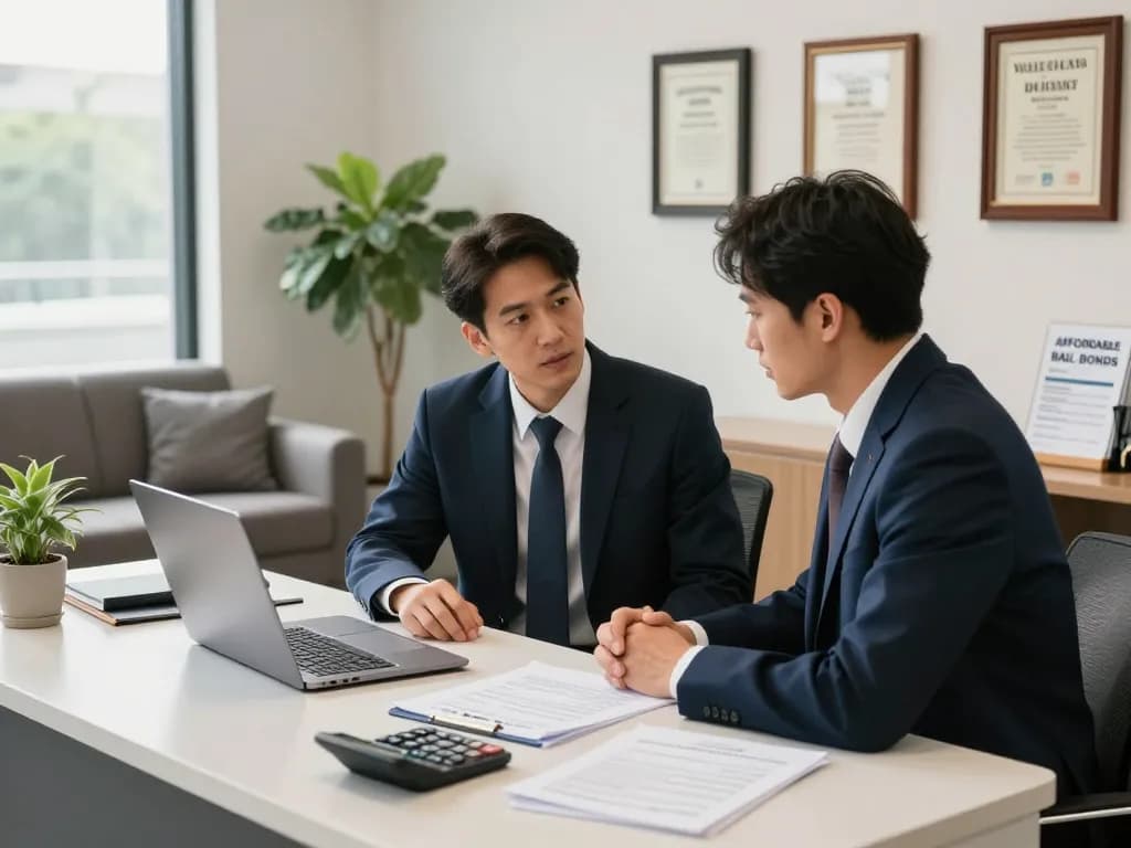 Consultation for Affordable Bail bonds in a modern office setting, featuring a professional bondsman assisting a family.