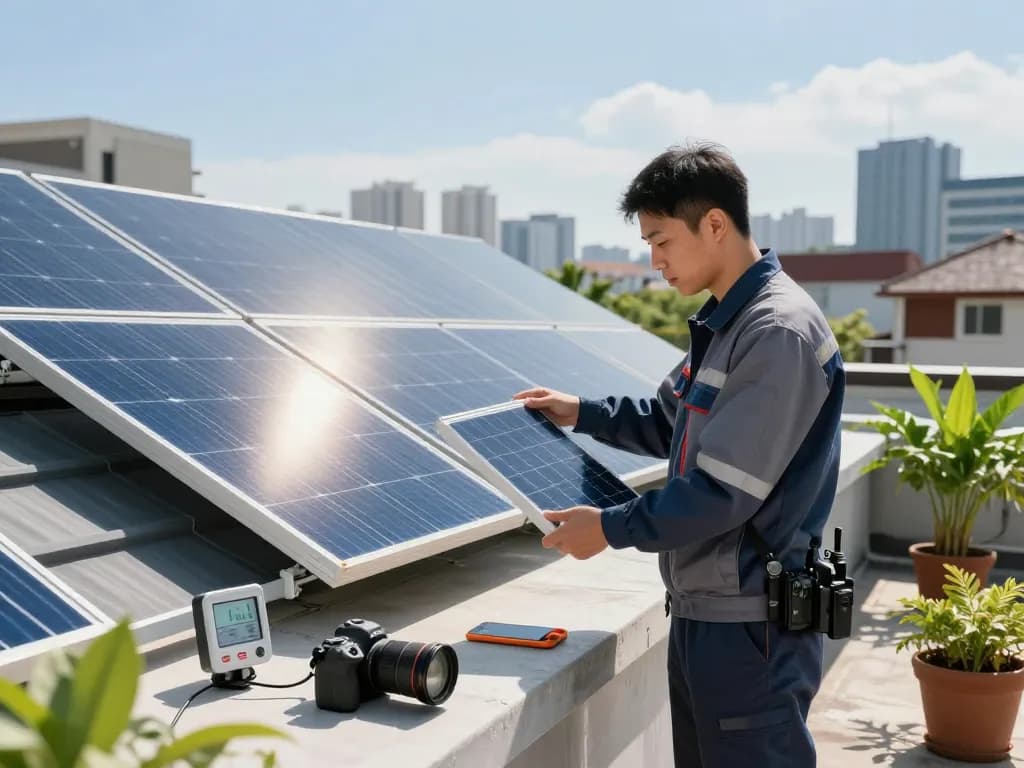 Technician inspecting module fotovoltaice LONGi on a residential rooftop for efficient solar energy.