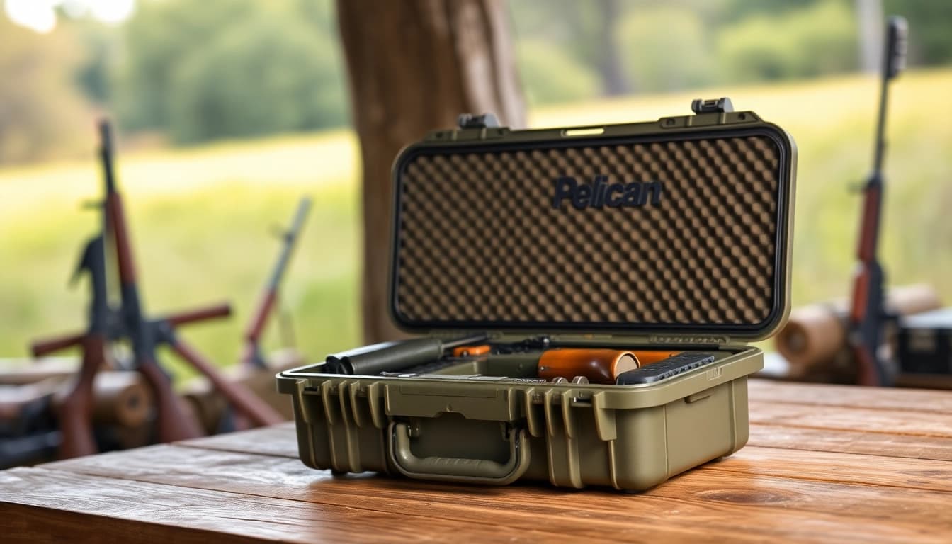 Pelican gun case for sale displayed with rifle accessories on a wooden table.