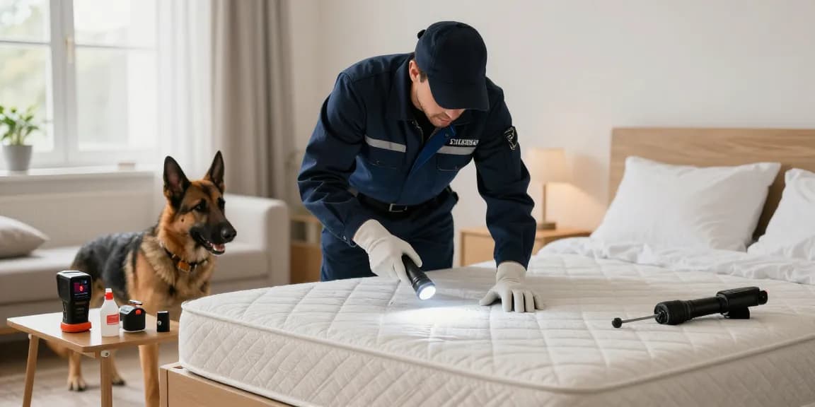 Bed bug exterminator using a thermal camera and K9 detection dog in a residential bedroom during inspection.