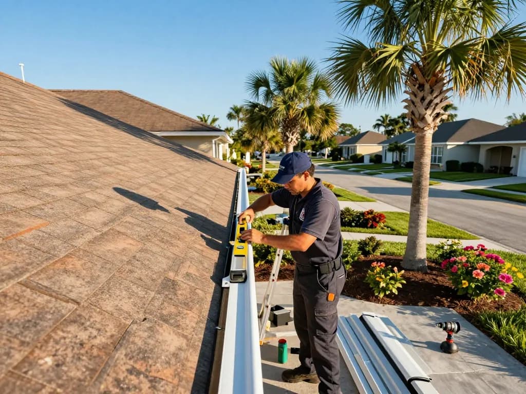 Expert installation of seamless gutters jacksonville fl on a sunny day at a residential property.