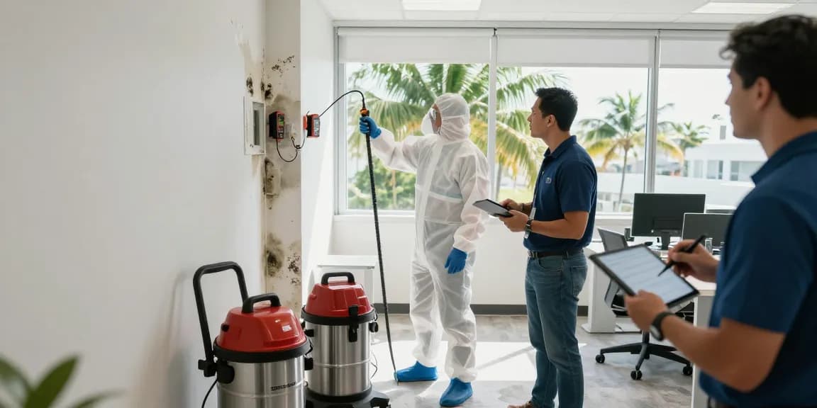 Professional team conducting commercial mold removal in a South Florida office, showcasing expert techniques and tools.