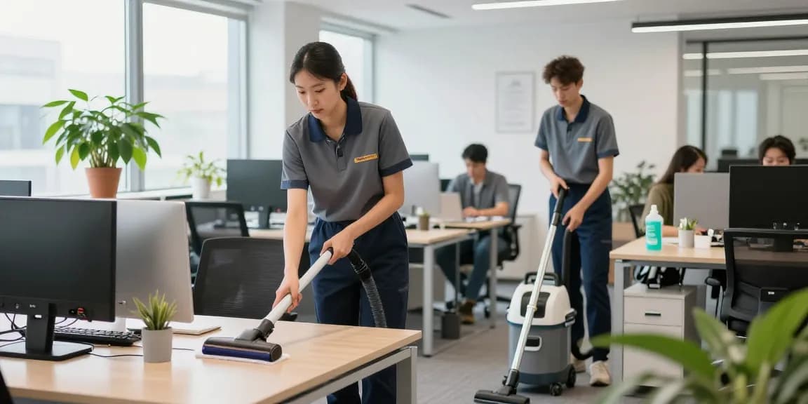 Professional cleaning team in action for hauswartung solothurn in a modern office space, highlighting cleanliness.
