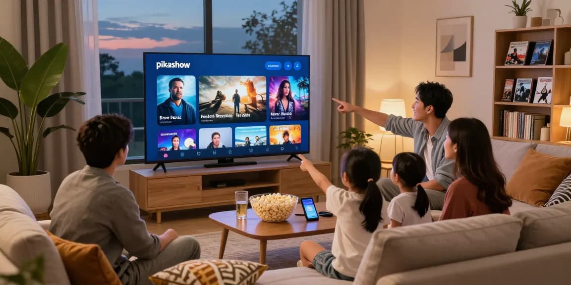 Pikashow app in use during family movie night with cozy ambiance.