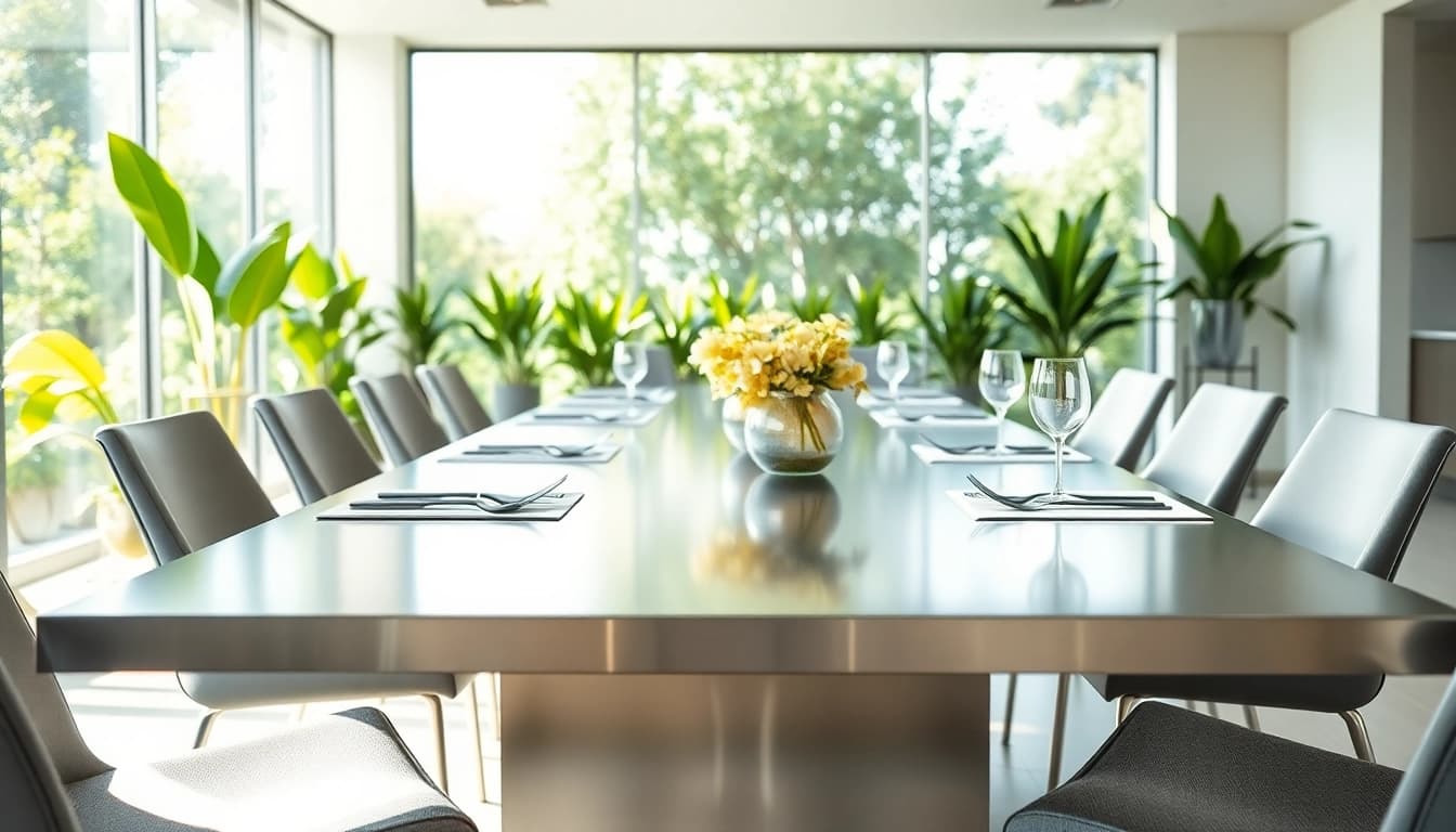 Highlighting a stainless steel table in a modern dining setting, featuring elegant decor and lighting.