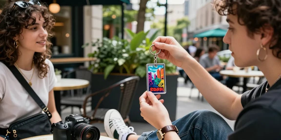Showcasing personalized keychains in a vibrant urban setting with stylish individuals.