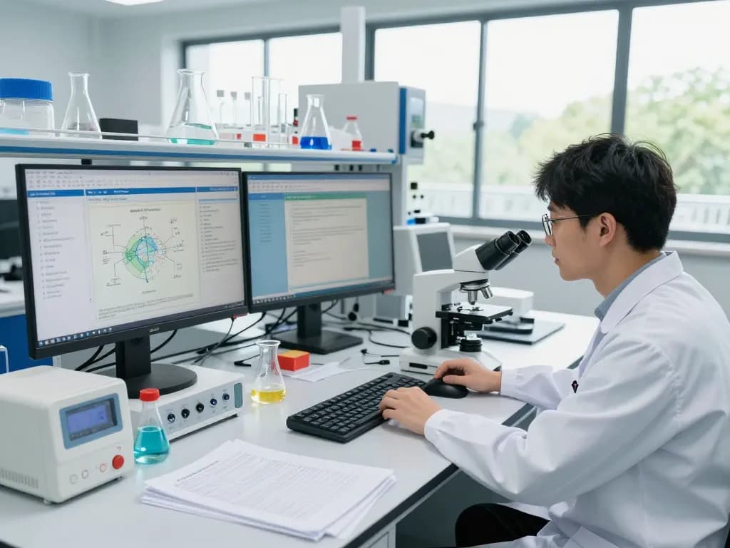 Scientist analyzing HBET data in a modern lab setting with advanced technology.