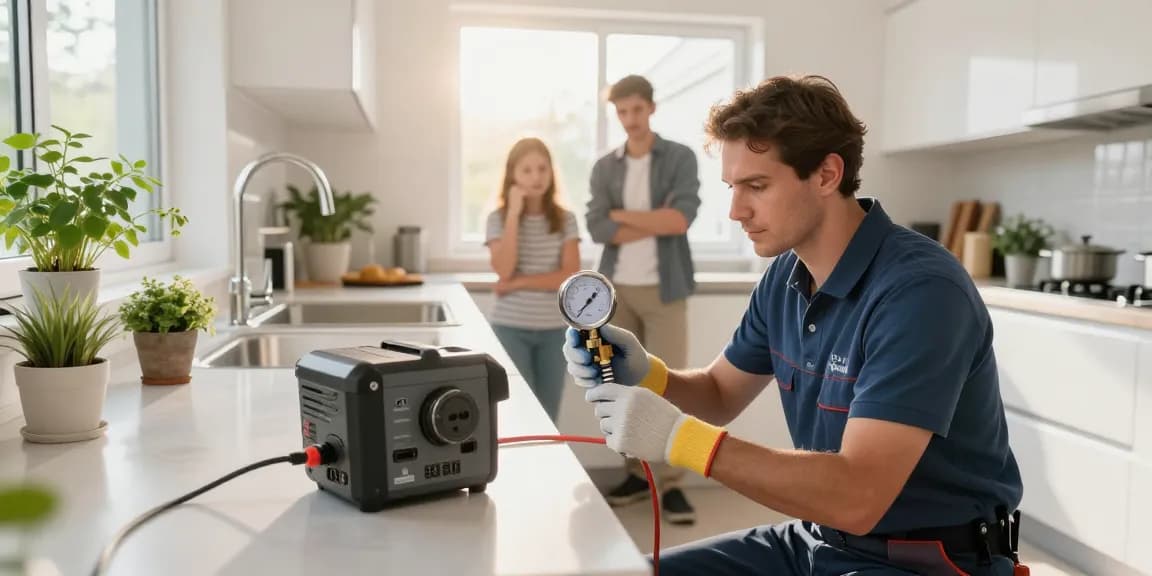 Expert plumber performing leak detection San Diego in a modern kitchen with family present, showcasing professional tools and attentive service