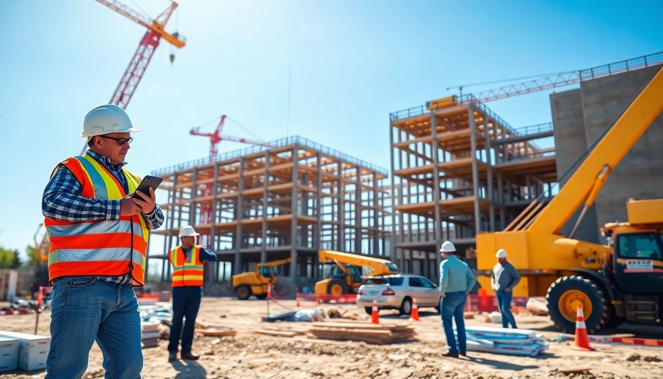 New Jersey Commercial General Contractor overseeing a busy construction site with builders and machinery.