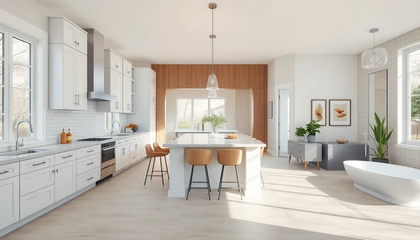 Showcasing kitchen and bathroom renovation with elegant cabinetry and modern fixtures for a stylish atmosphere.