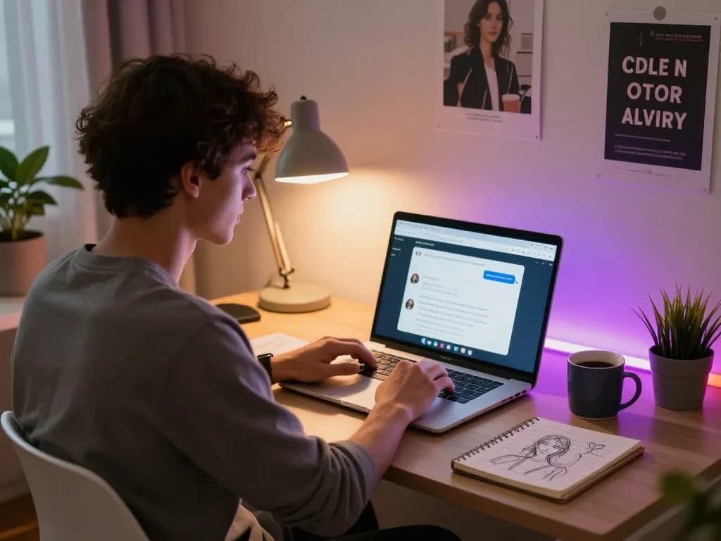 Engaged young man interacting with his AI slut chatbot in a cozy home office.