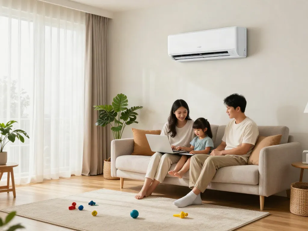Family enjoying a cozy living room with an 18000 BTU mini split air conditioning unit providing comfort and coolness.
