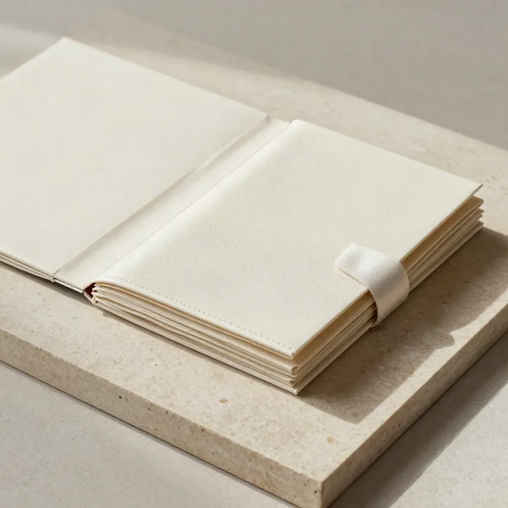 Cream slipcase pack with three inserts half-sunk in linen on pale stone, top-down.