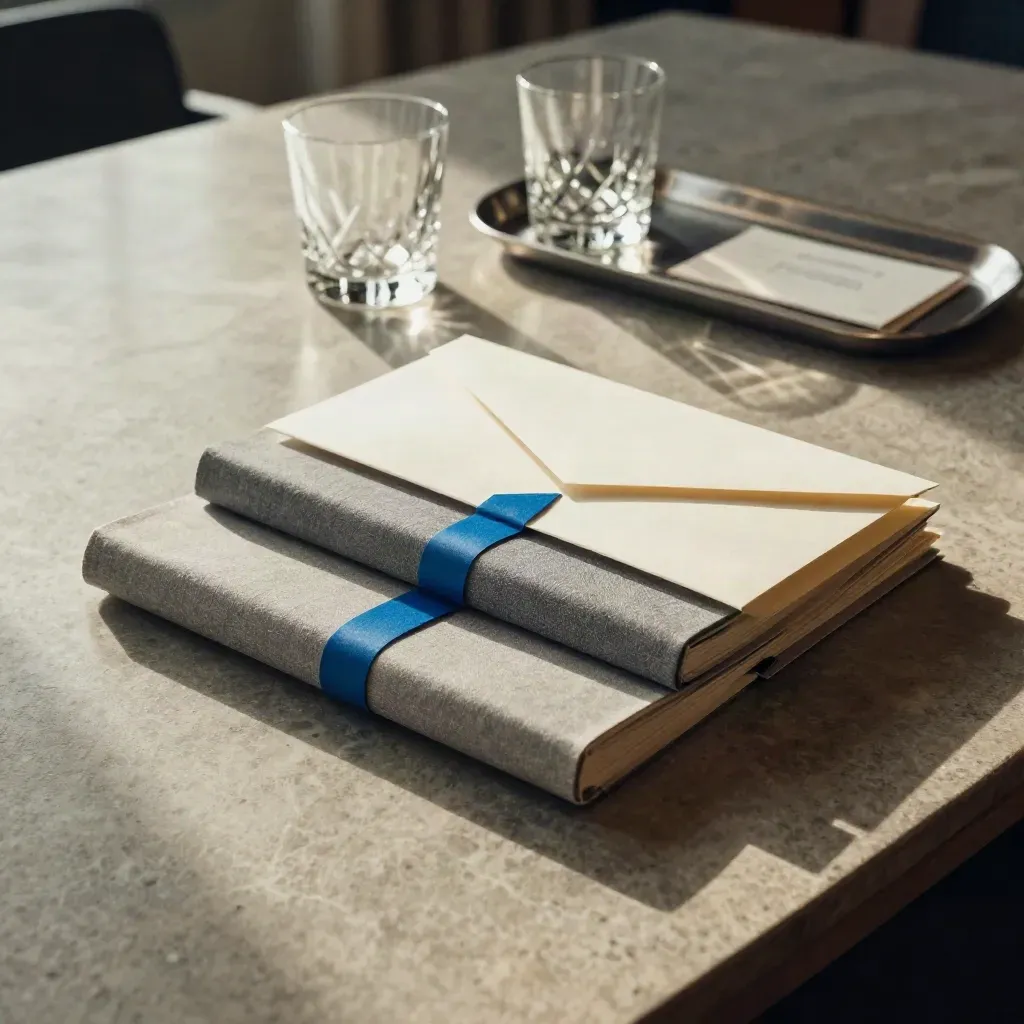 Three bundled planning volumes, a sealed brief envelope, tumbler and tray on a stone conference table.