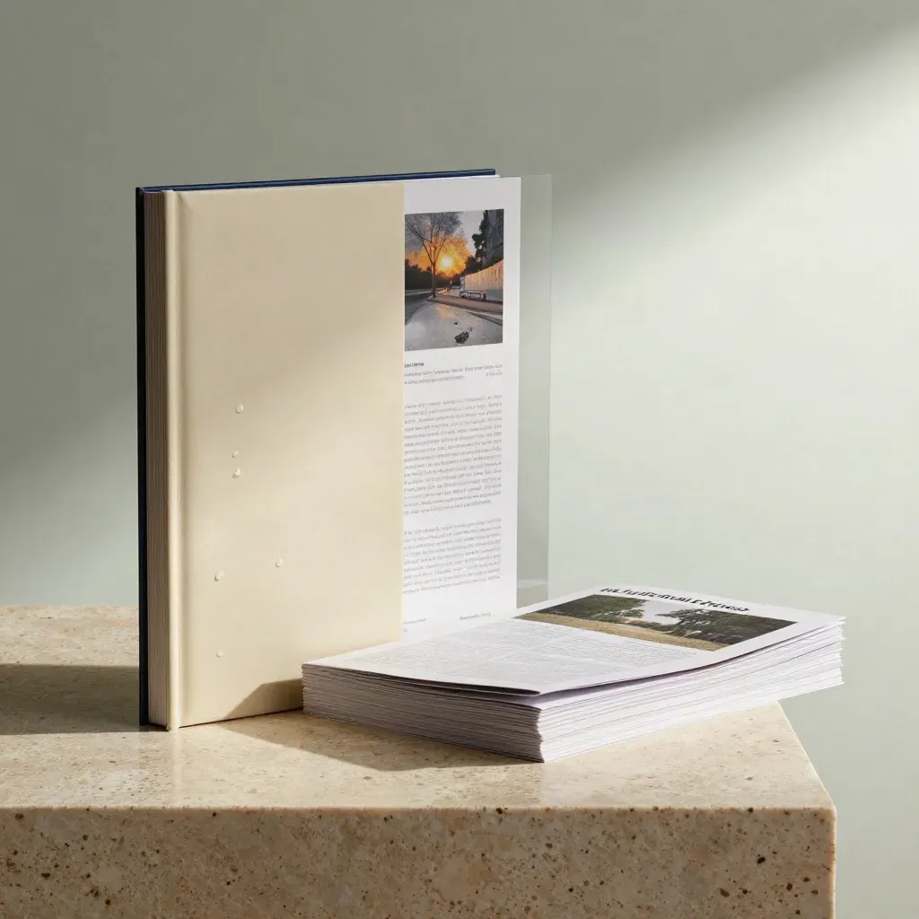 Rain-kissed trend report folio with companion sheets on travertine in soft dawn light.