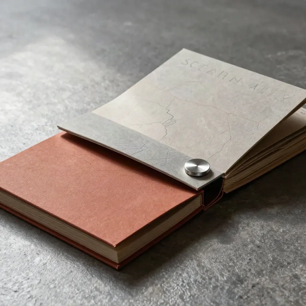 Overhead macro of interlocking planning folios with a silver paperweight on brushed stone.
