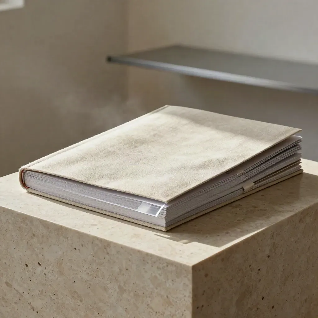 Pale report folio, appendix stack and translucent divider on travertine in soft morning light.