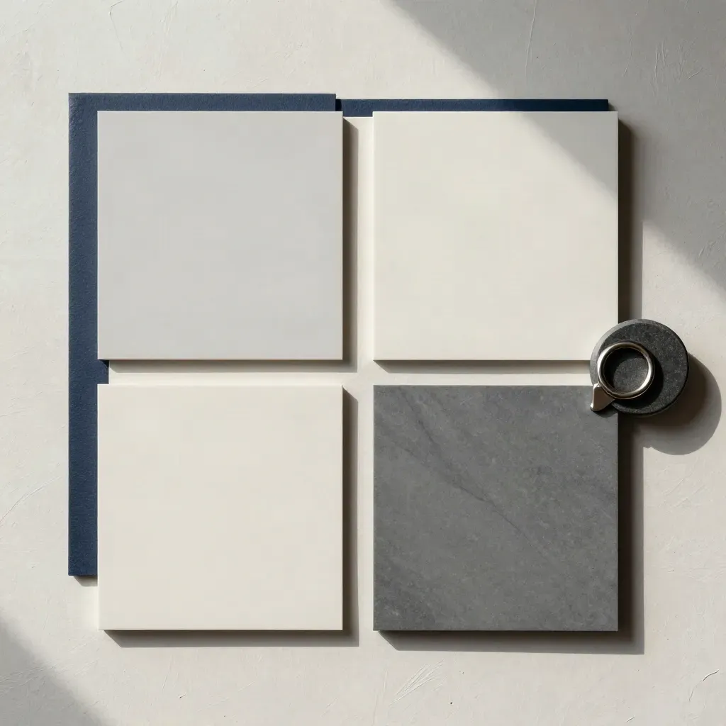 Overhead flatlay of four aligned inserts, a ring clip, and a stone weight on matte plaster.