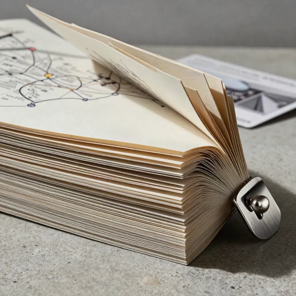 Macro of layered trend map paper with silver clip and folded sheet on cool stone.