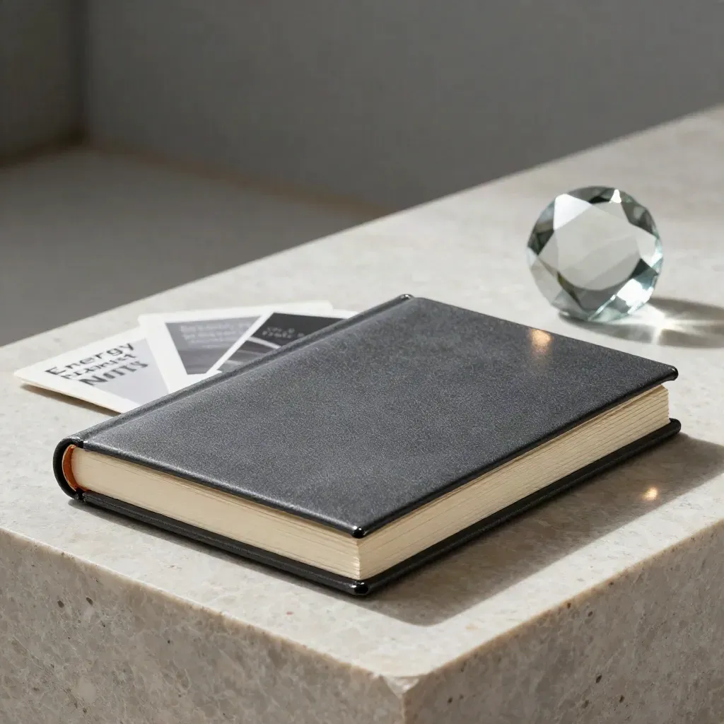 Macro hero of a folio, two companion cards, and a glass prism on pale stone.