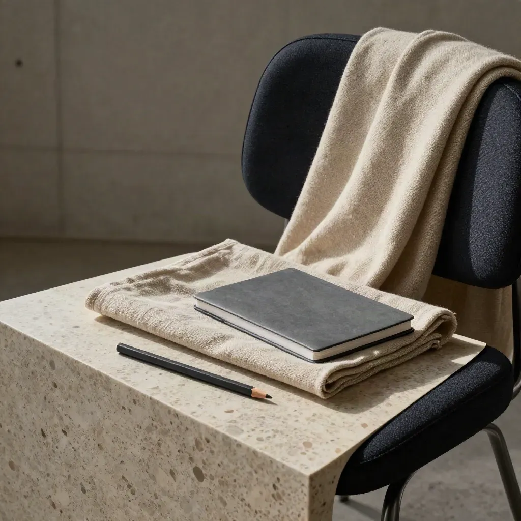 Faintly hazy studio corner with a linen-wrapped strategy bundle, notebook, navy chair, and folded throw.