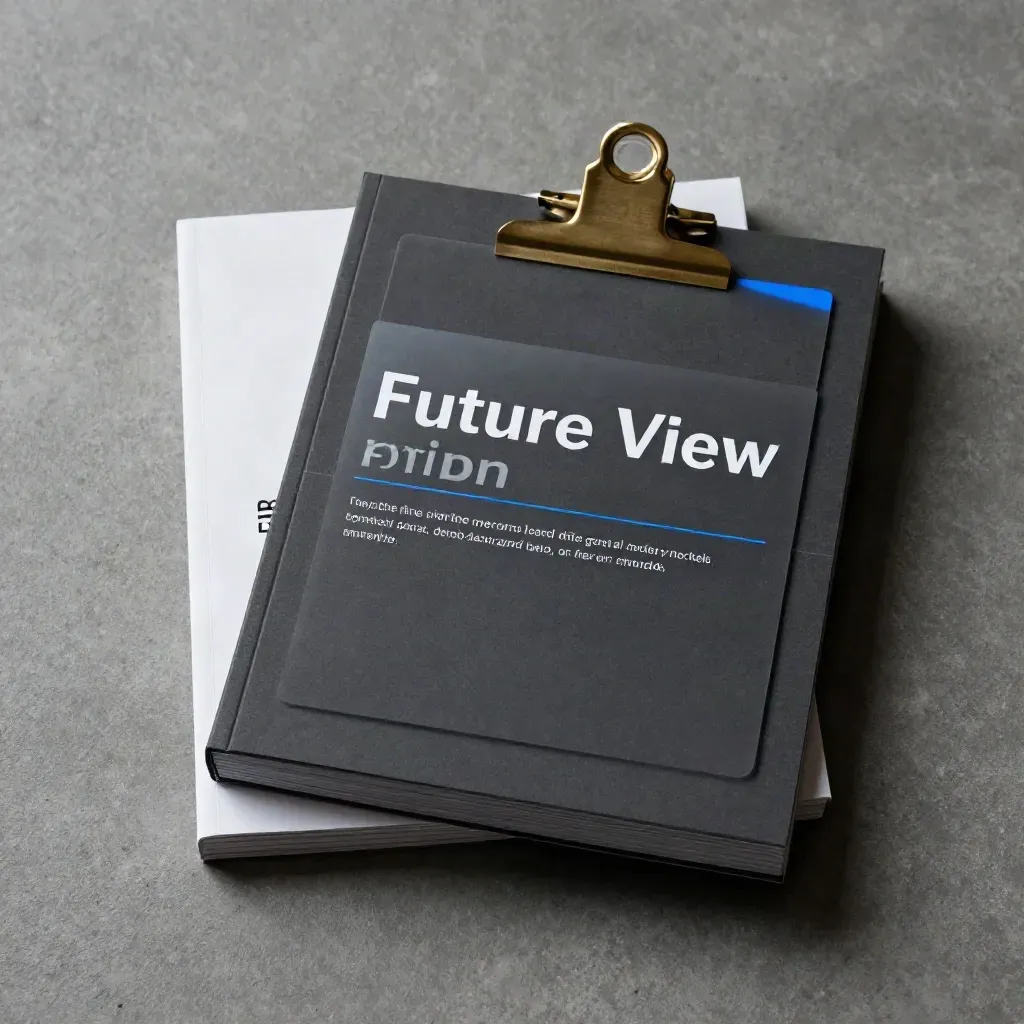 Overhead flatlay of a briefing deck, divider sheet, and brass clip on graphite concrete.
