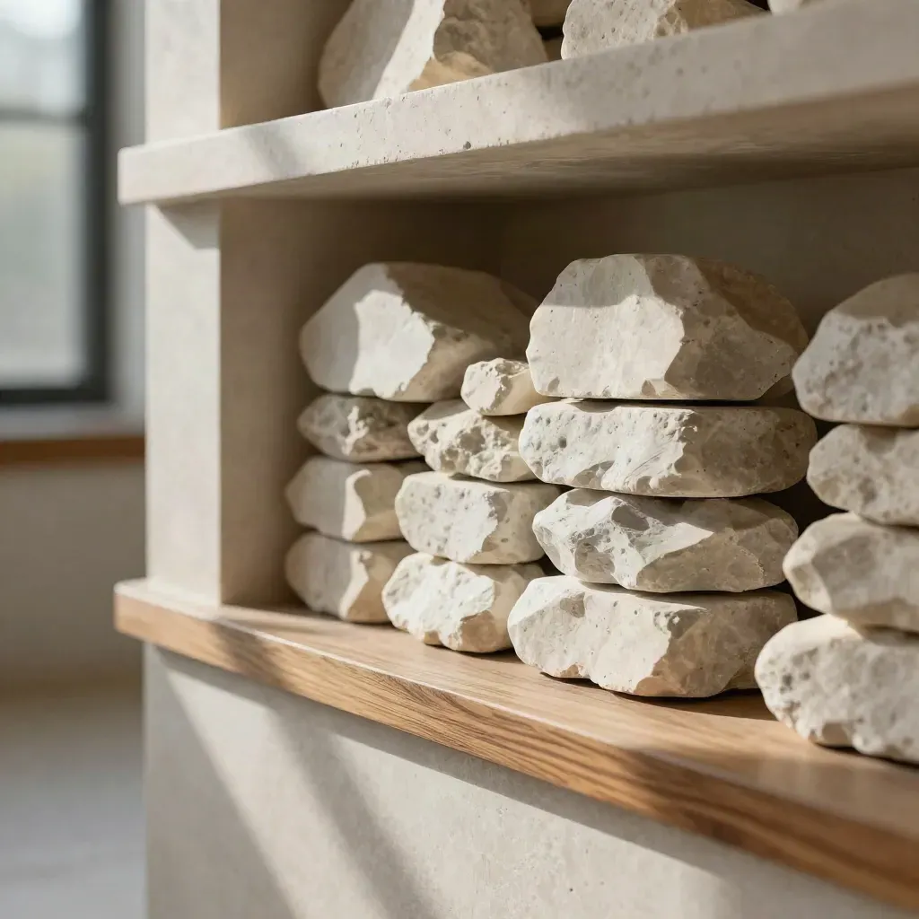 Limestone niche with stacked pale stones in soft morning light, calm copy space below.