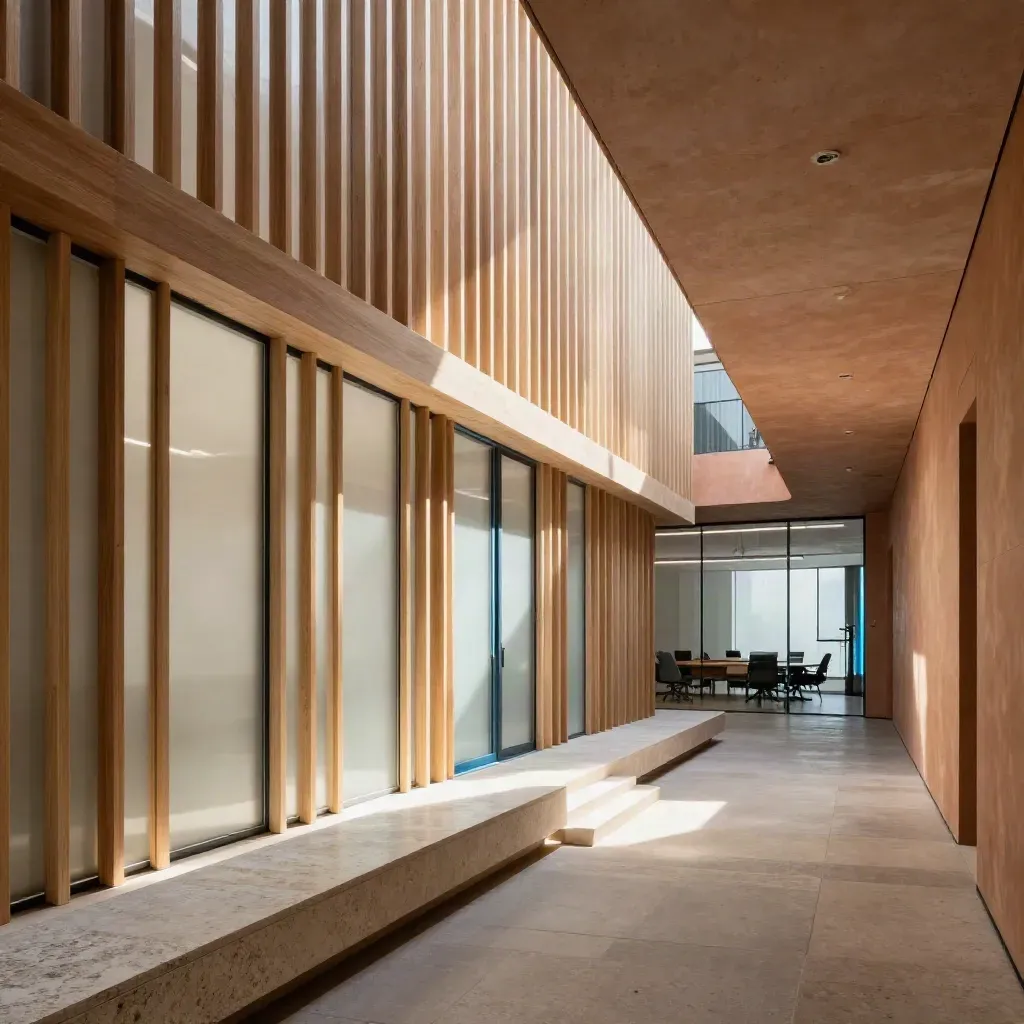 Sunlit modern corridor with timber slats, frosted glass, and a bright stair landing.