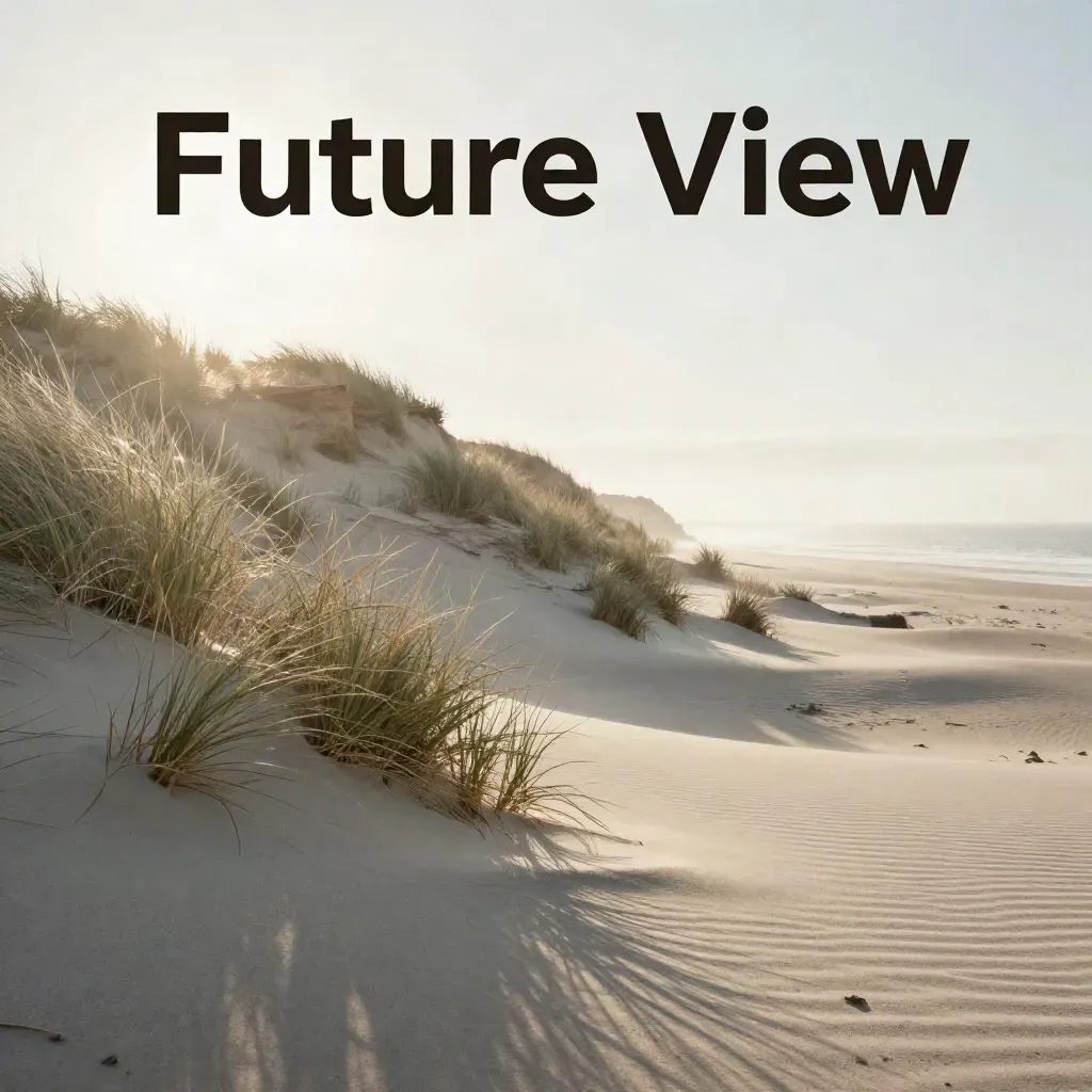 Sunrise coastal dune with pale grass and mist over a quiet horizon