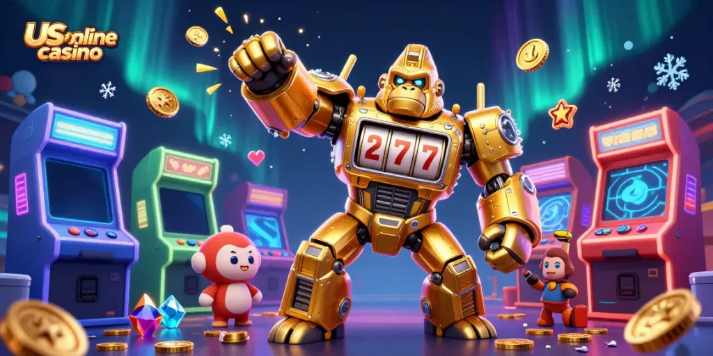 Experience the excitement of a us online casino with a dynamic gorilla mech surrounded by gaming elements.