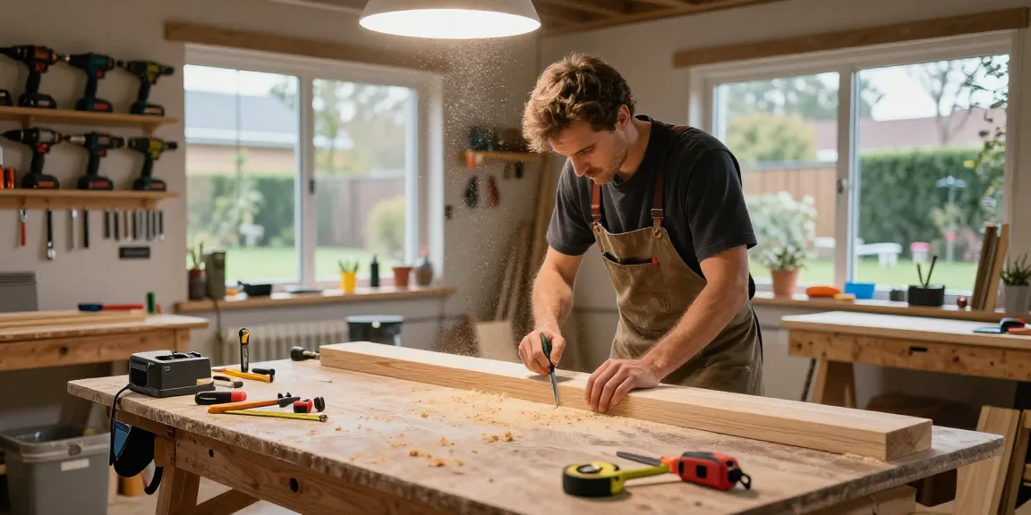 Carpenter using a chop saw table saw combo to craft wooden planks in a bright workshop.