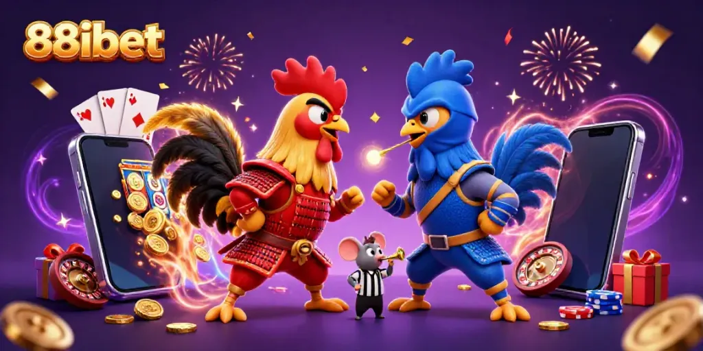 Engage with thrilling action at 88ibet, featuring cartoon fighting roosters and casino elements.