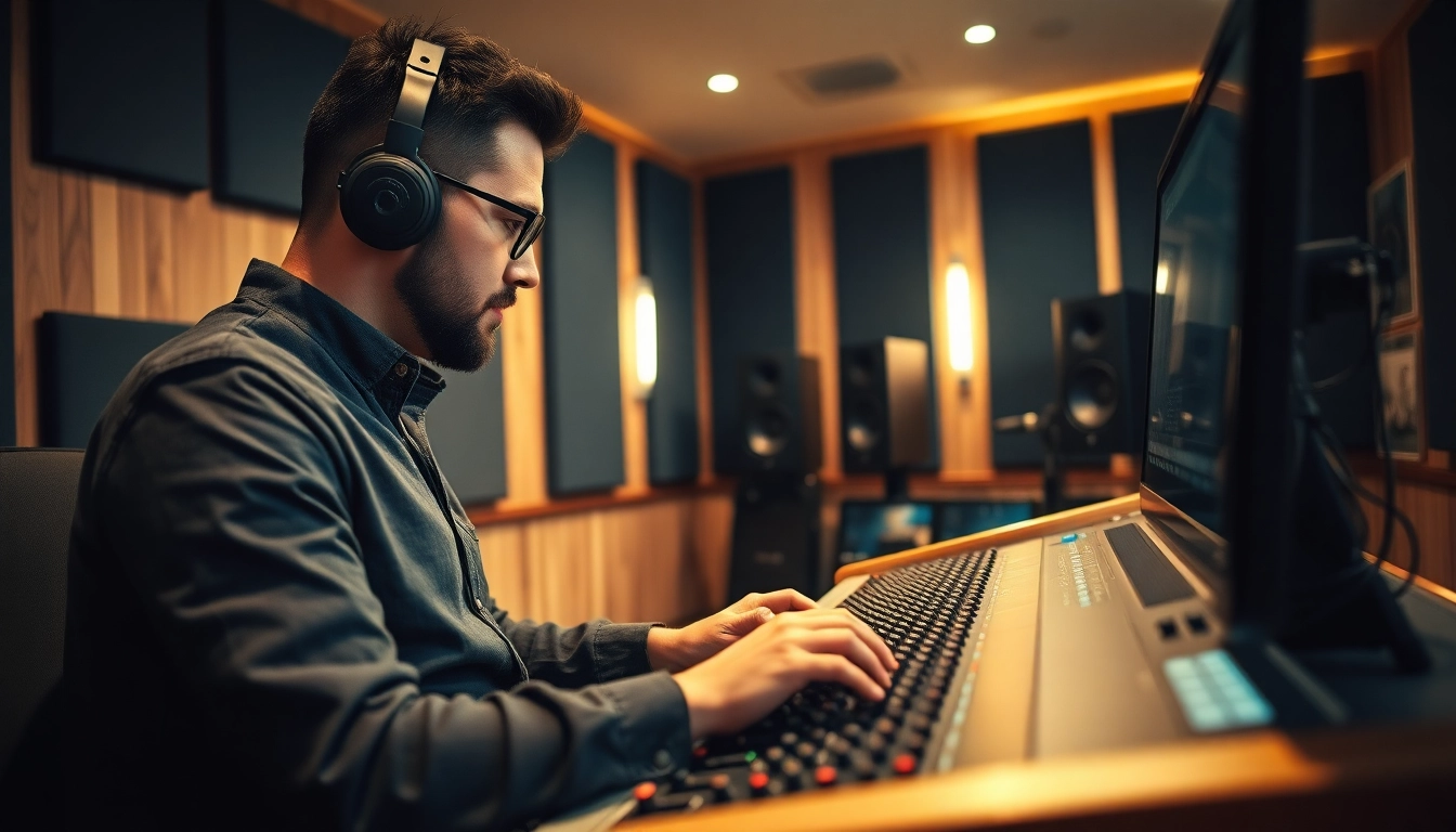 Experience online mastering through an expert audio engineer mixing tracks in a cozy studio.