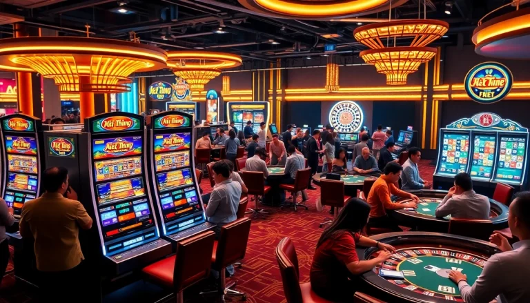 Experience exhilarating nổ hũ đổi thưởng gameplay in a vibrant casino scene with lively players and colorful slot machines.