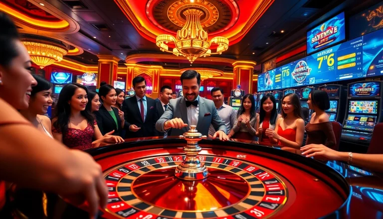 Experience the excitement of NHÀ CÁI FEBET with vibrant casino games, poker chips, and roulette.
