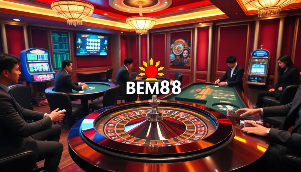 Action-packed casino scene at NHÀ CÁI BEM88 with gamblers enjoying roulette and poker amidst luxurious decor.