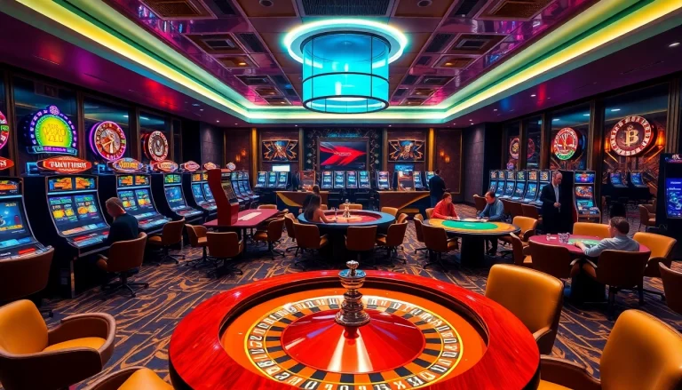 Exciting gameplay at crypto online casinos with vibrant slot machines and poker tables.