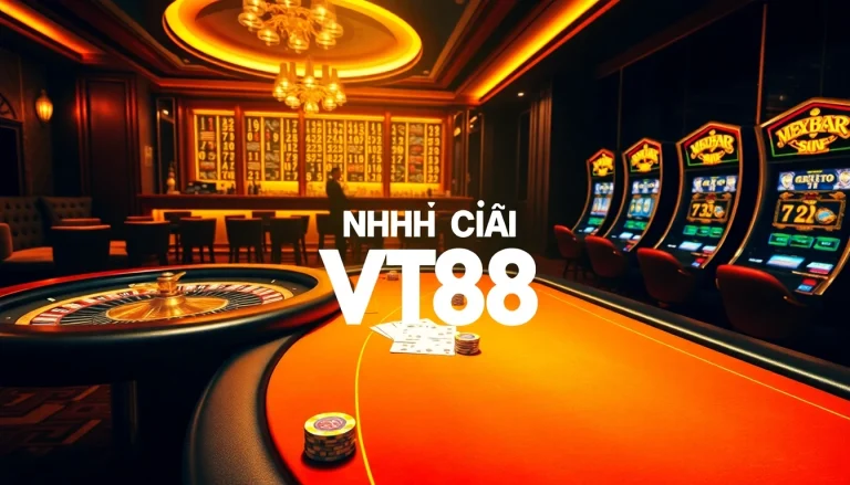 Experience the vibrant action of NHÀ CÁI VT88 with cards and chips at a luxurious casino table.