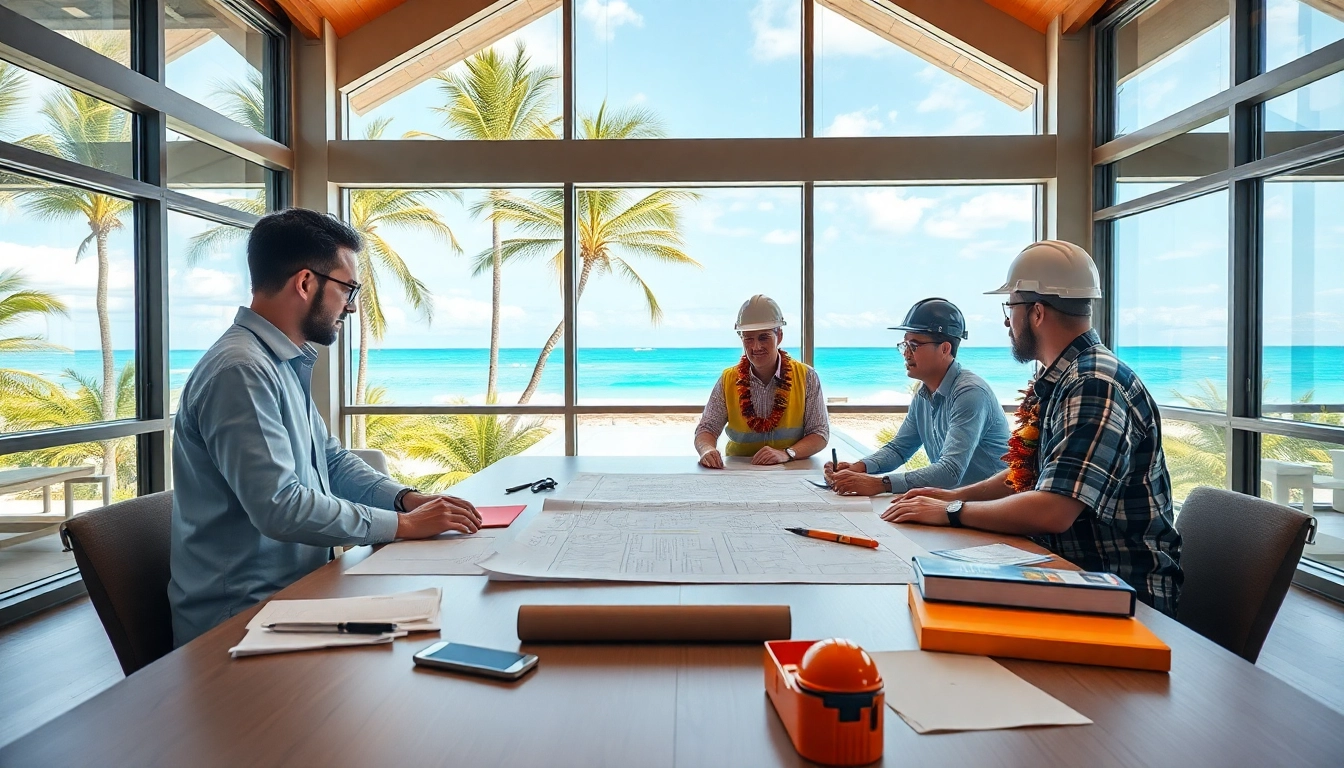 Hawaii construction association professionals discussing building plans in a bright setting.