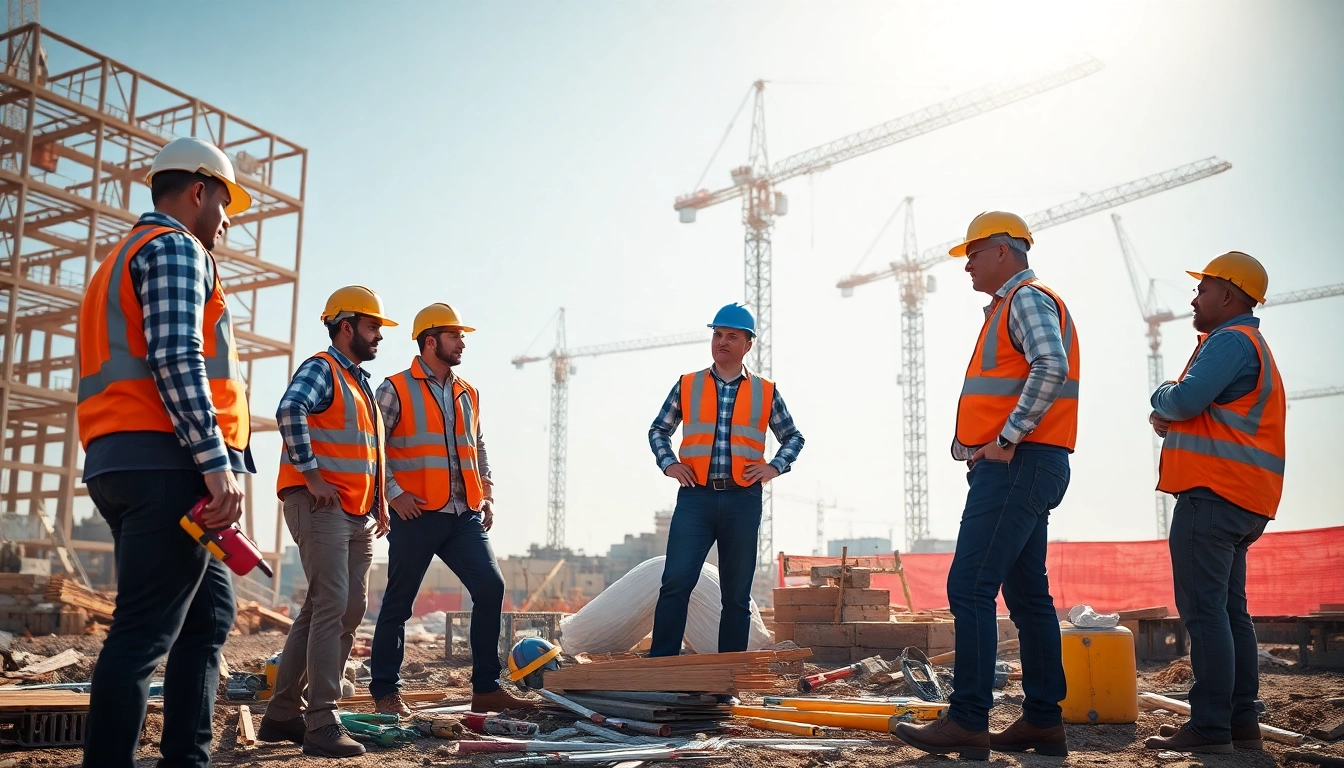 Construction association workers collaborating at a vibrant outdoor building site.