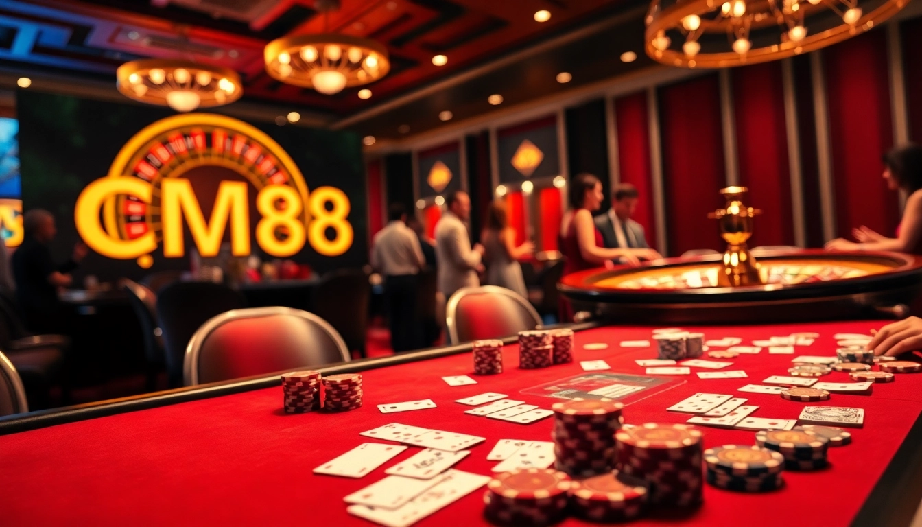 Players enjoy a thrilling game at a luxurious gaming table with CM88 branding in a vibrant casino atmosphere.