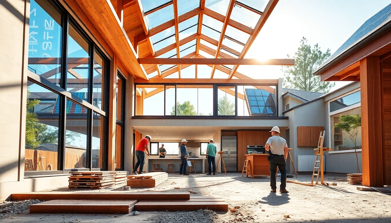 House extension construction showcasing modern design elements and builders at work.