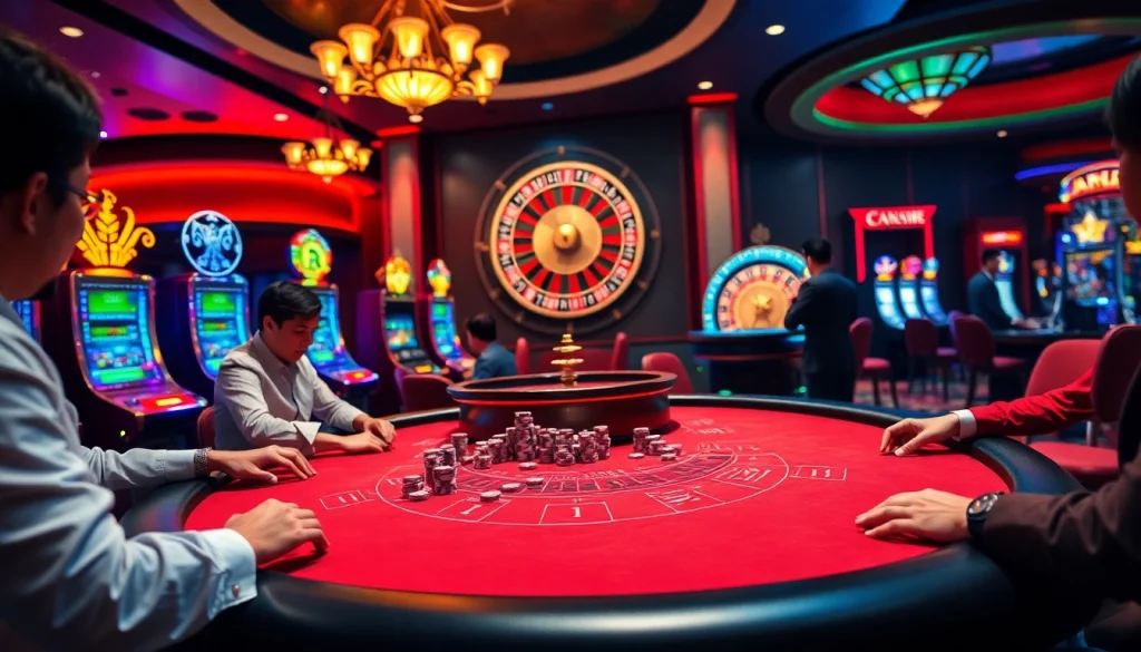 Players engaging in a high-stakes game at https://da88.navy/ showcasing luxury and excitement in a casino.
