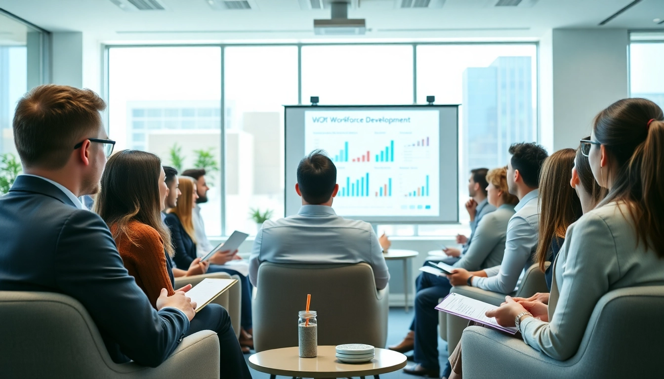 Engaging workforce development seminar showcasing diverse participants in a modern office.