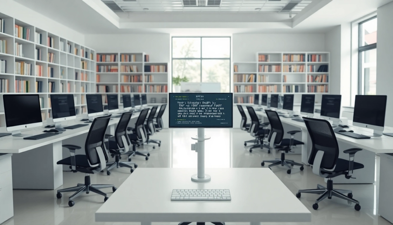 Efficient typing center with modern workstations and natural light enhancing productivity.