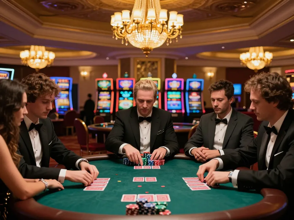RR88 poker players strategizing at a high-stakes table under luxurious lighting.