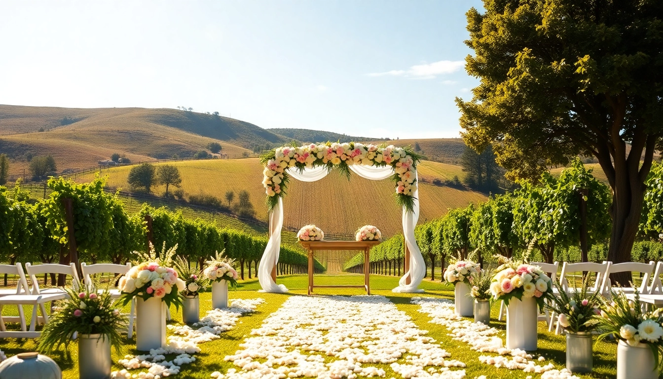 Captivating view of a Clarksburg wedding ceremony surrounded by vineyards and elegant floral decor.
