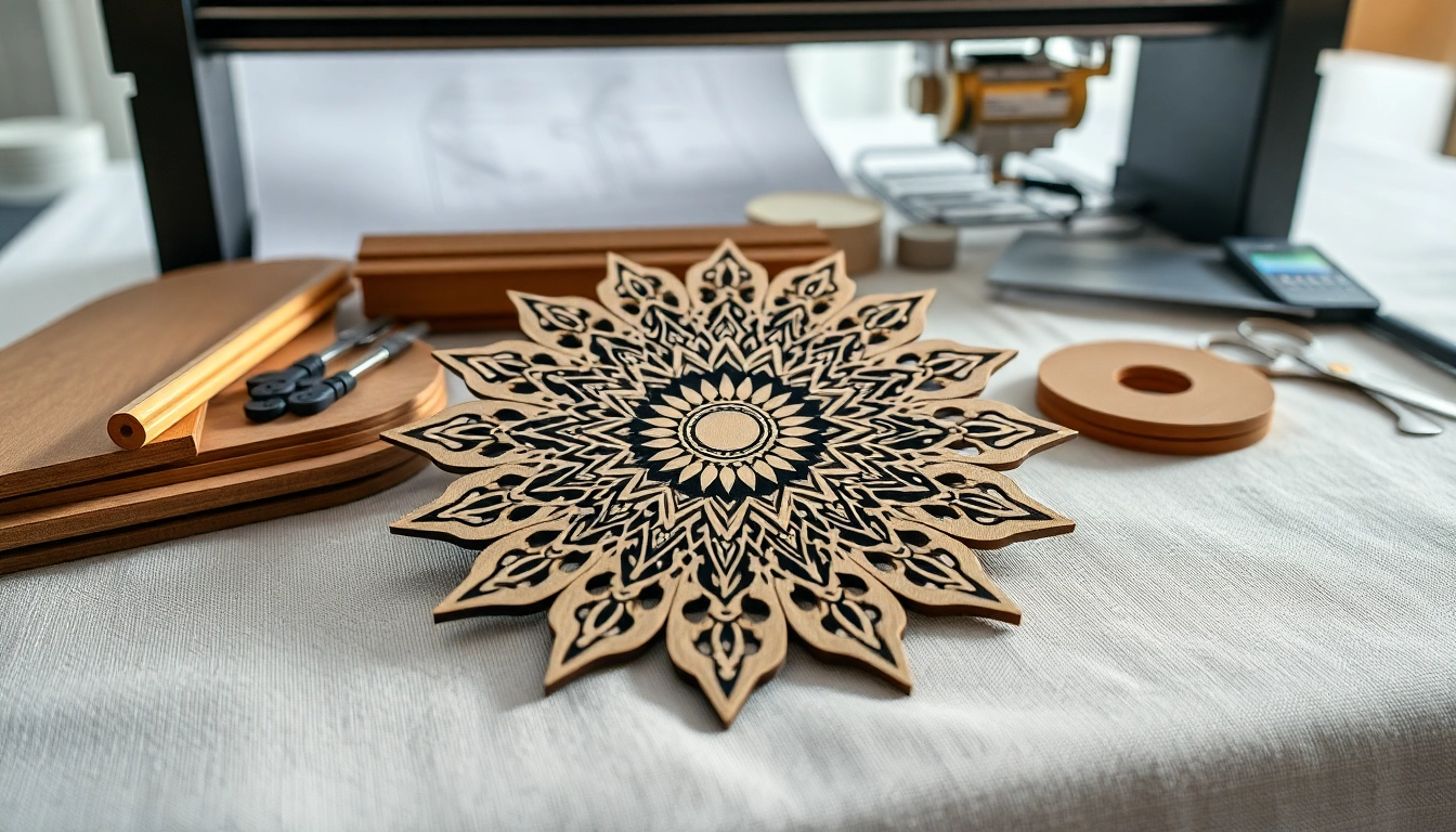 Showcase of intricate laser cutting designs highlighting a wooden mandala cutout.